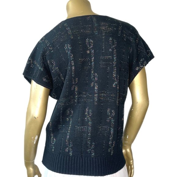 VINTAGE KENETH TOO KNIT SHORT SLEEVE SWEATER TOP, MULTI-COLOR METALLIC V-NECK - Picture 2 of 7